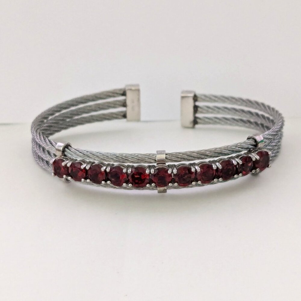 DK Prong Set Garnet 925 Sterling Silver Rope Cuff Bracelet